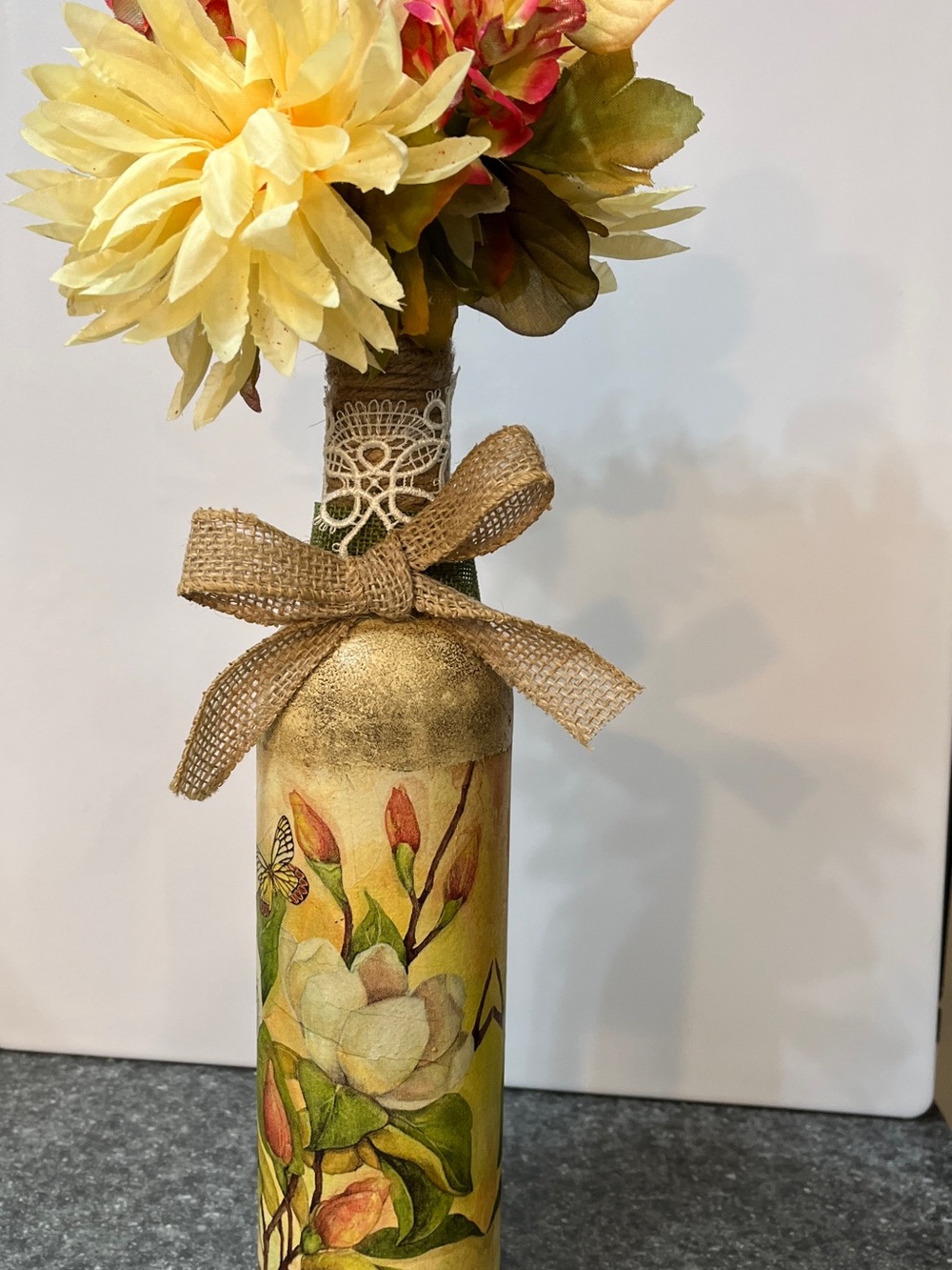 Handcrafted Fall Yellow Floral Decorative Bottle Vase with Lights